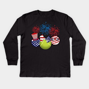 Tennis American Flag Fireworks Kids Long Sleeve T-Shirt